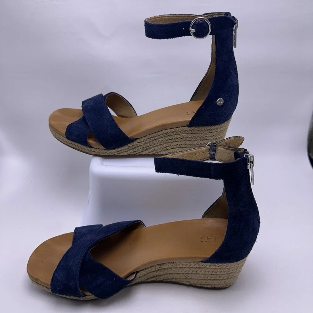 UGG Eugenia Navy Blue Suede Wedge Espadrille Sandals Women's Size 9 Ankle Strap
